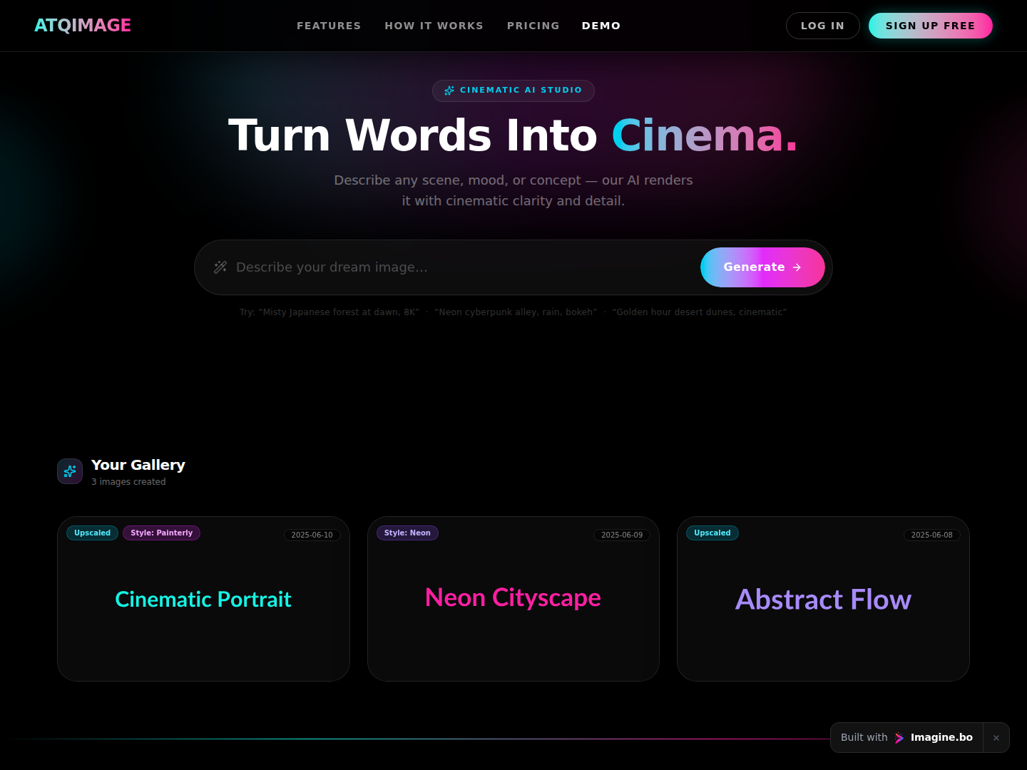 Interactive demo section of PixelMuse inside imagine.bo showing prompt-based image generation and editing actions for visitors