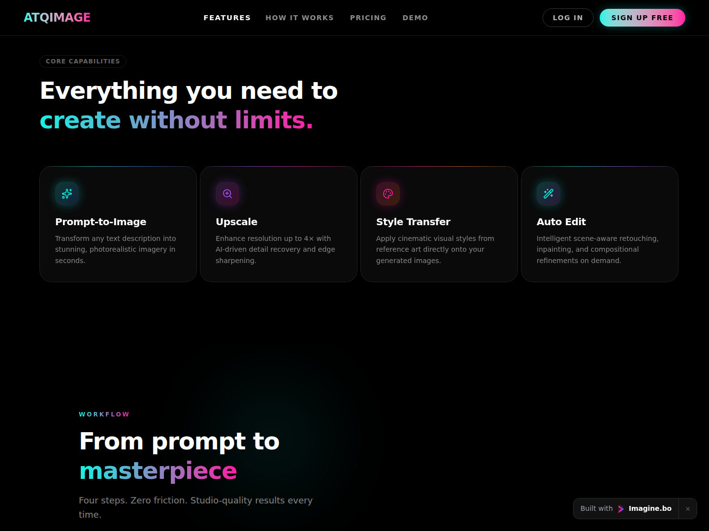 Feature-focused screenshot of the PixelMuse homepage in imagine.bo showing bold neon styling and visual highlights for AI image creation tools