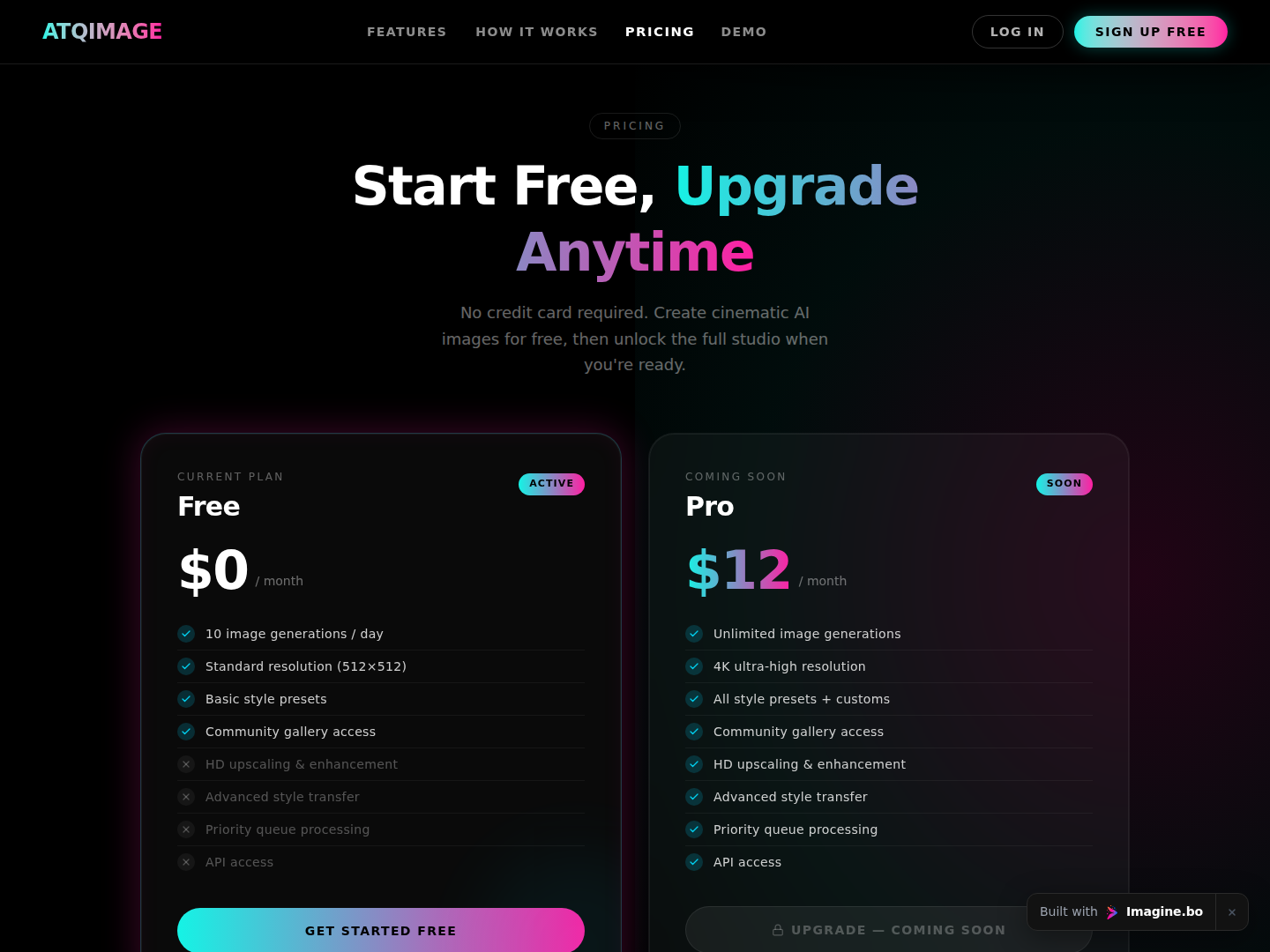 Pricing area on the PixelMuse website generated through imagine.bo, presenting plan options in a sleek dark glass-style interface
