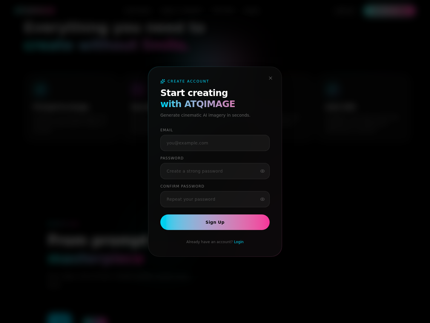 Everything you need to create section on the PixelMuse homepage built in imagine.bo, highlighting creator tools in a cinematic dark interface