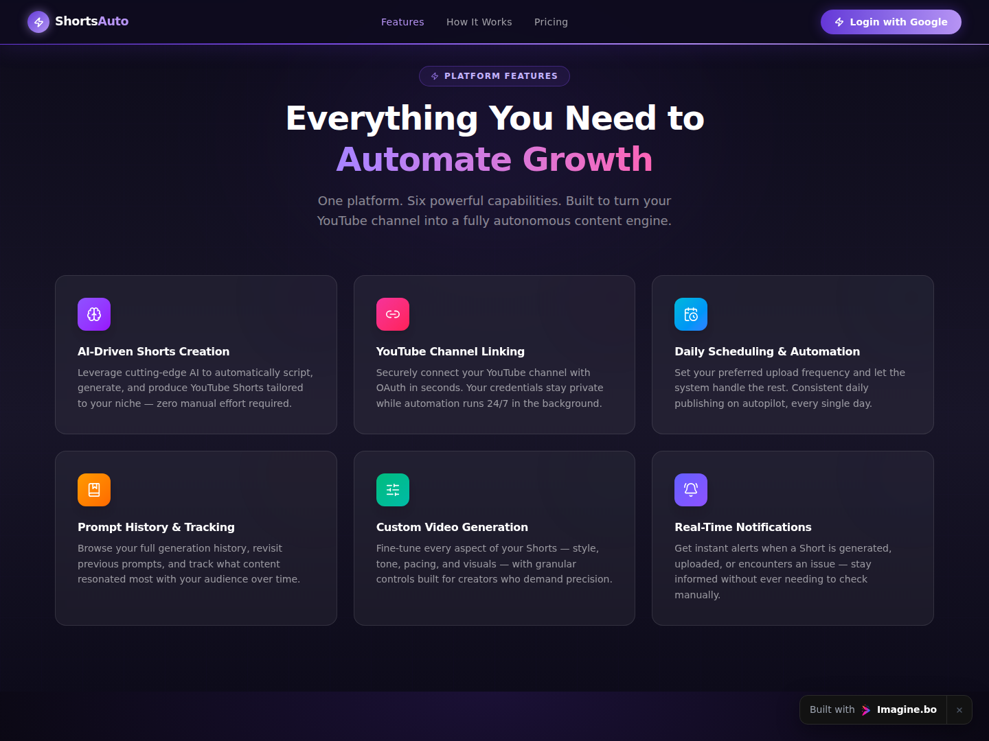 Feature-focused SaaS interface showing creator automation benefits and modern dark styling built with imagine.bo