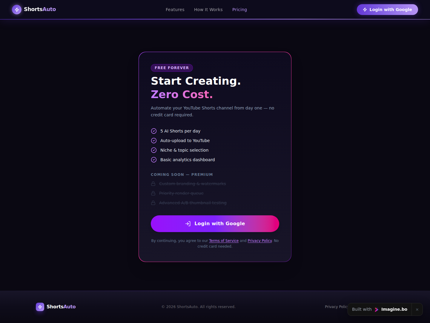 Pricing call-to-action section for a creator automation SaaS website generated through imagine.bo