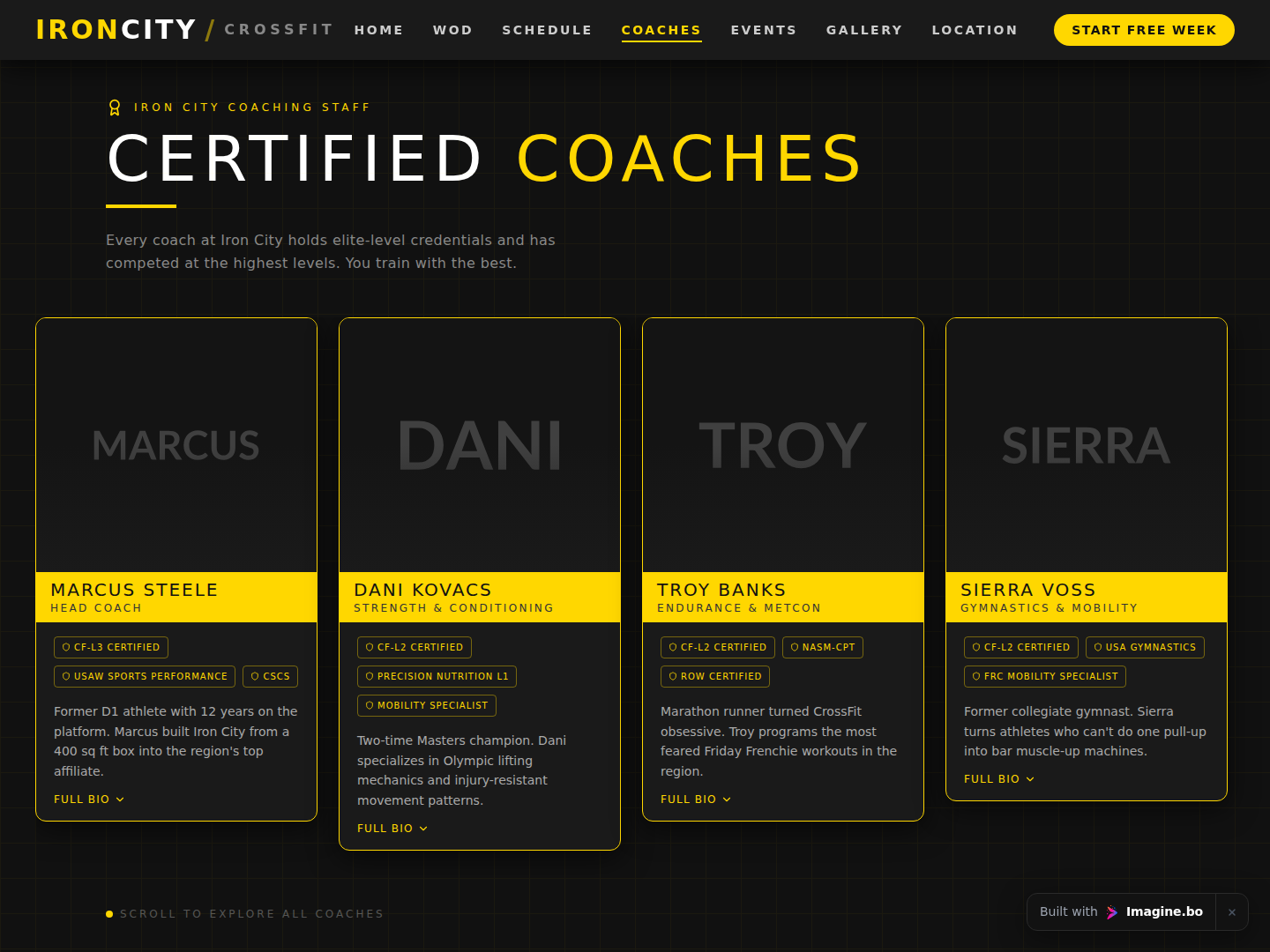 Coach profile section on an imagine.bo CrossFit website displaying trainer photos, certifications, and strong trust-building bios