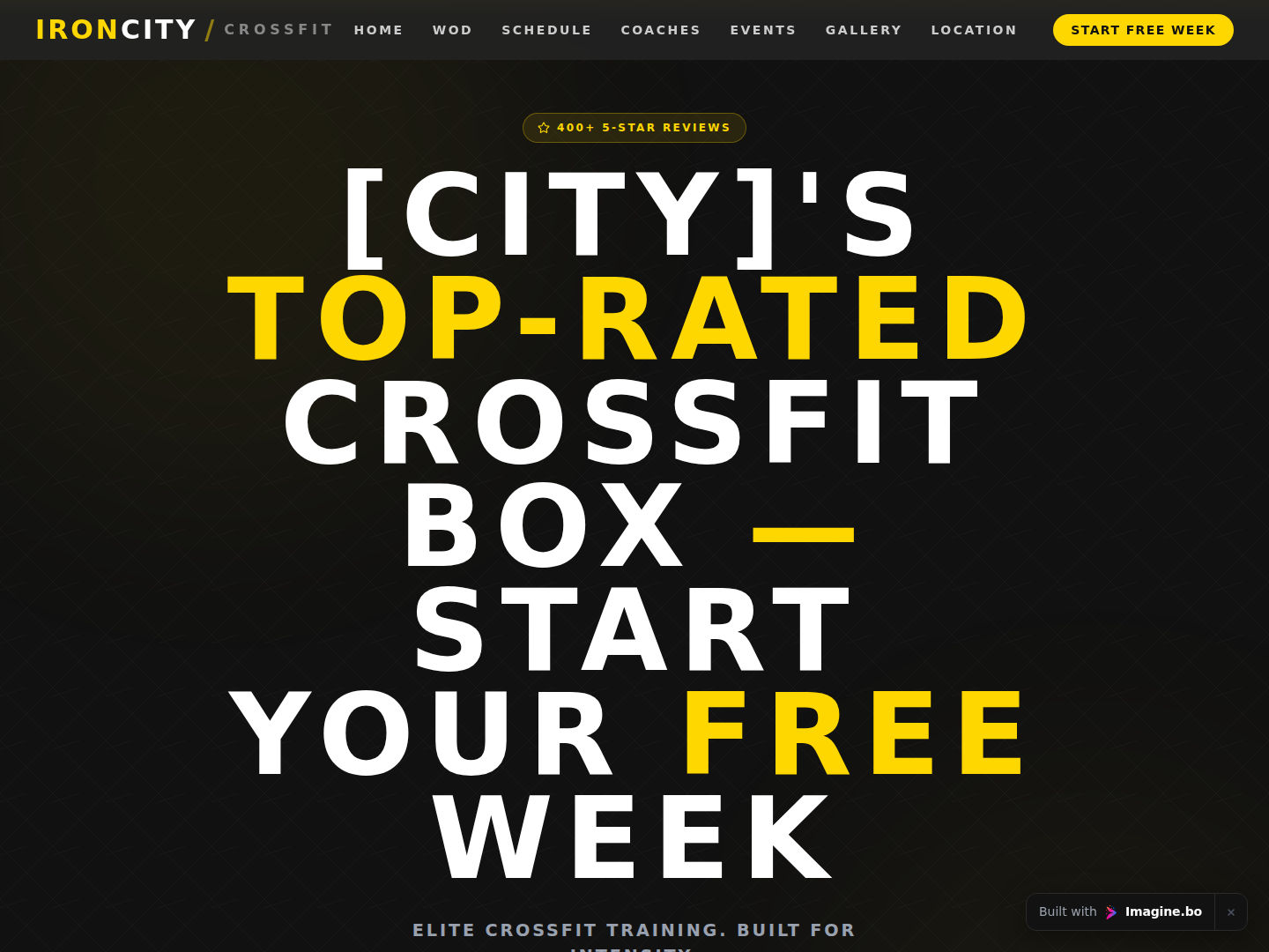 Homepage hero section for a CrossFit gym site built on imagine.bo with dark industrial styling, bold yellow calls to action, and a powerful training floor image