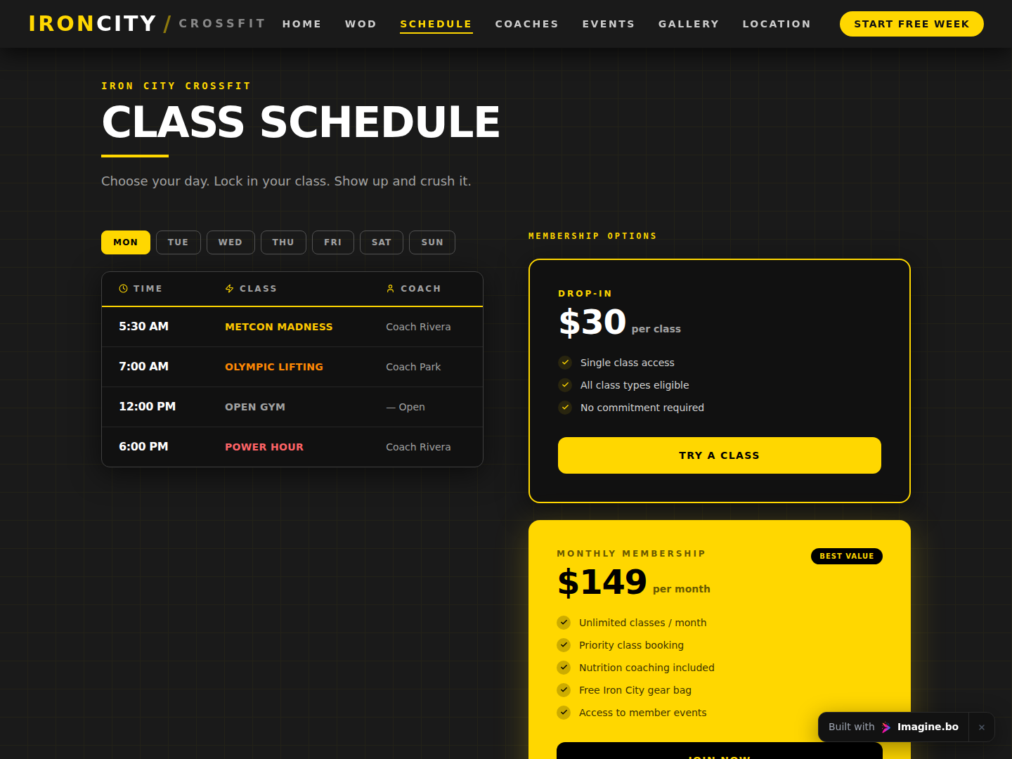 Class schedule and membership section created with imagine.bo showing session times, pricing options, and a clean conversion-focused gym layout