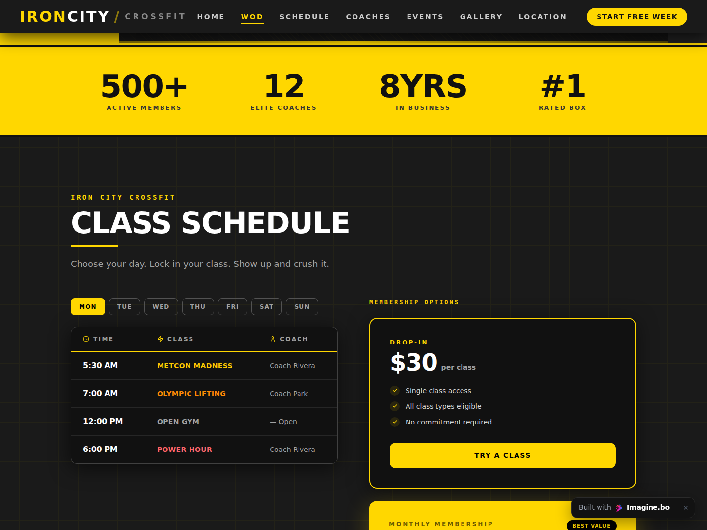 Daily workout section from an imagine.bo gym website showing the WOD ticker, featured programming details, and bold industrial visual hierarchy