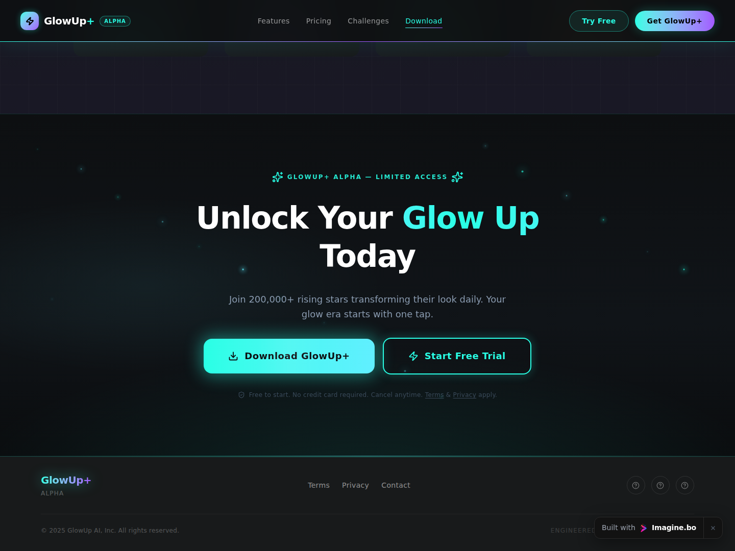 Final download call-to-action area for the premium app, featuring cinematic visuals and mobile-first signup focus powered by imagine.bo