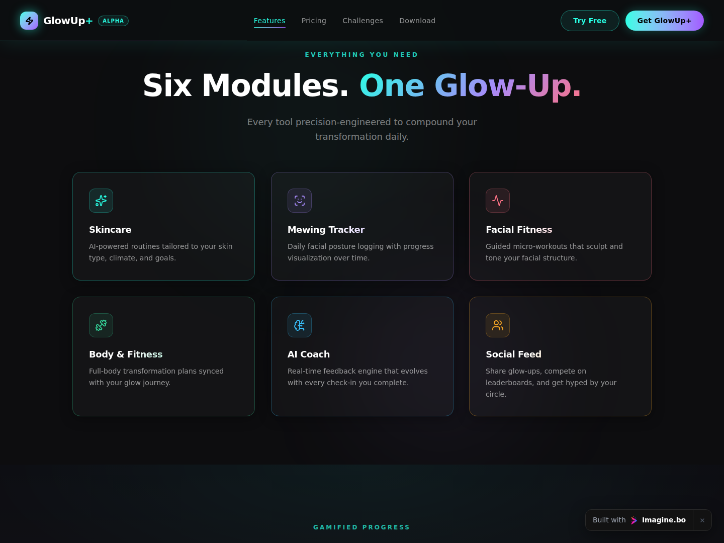 Feature showcase section built with imagine.bo highlighting premium self-improvement modules, social functionality, and dark neon visual styling