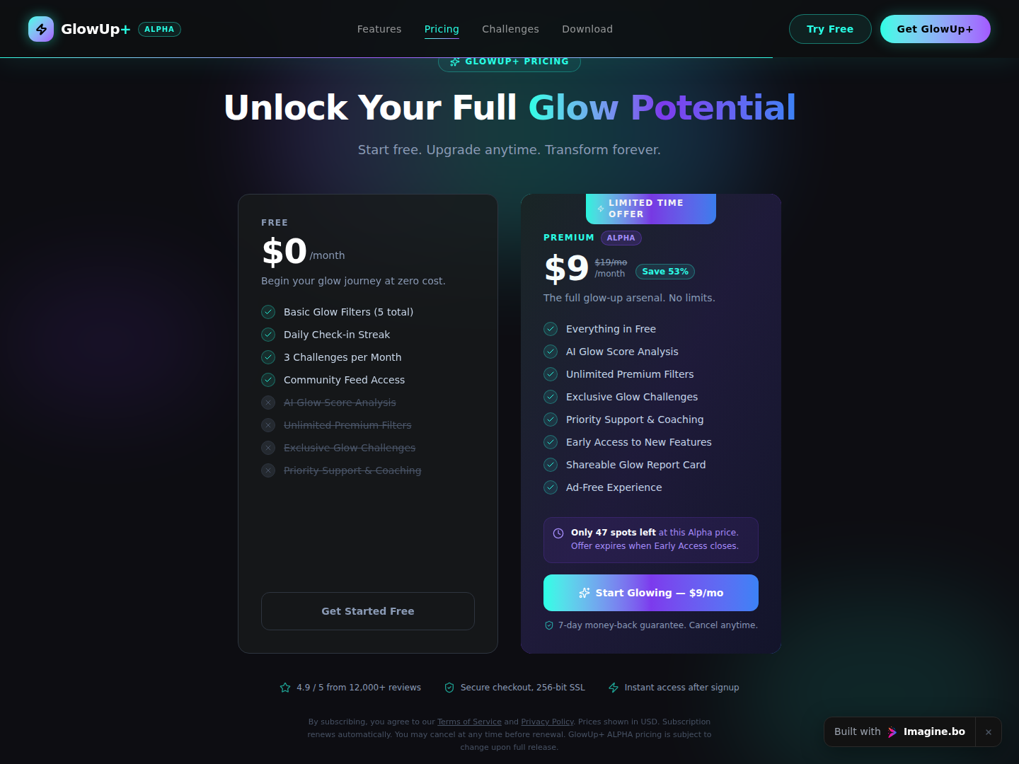 Pricing comparison screen for AuraFit showing premium plan framing, urgency cues, and luxurious app-style presentation inside imagine.bo