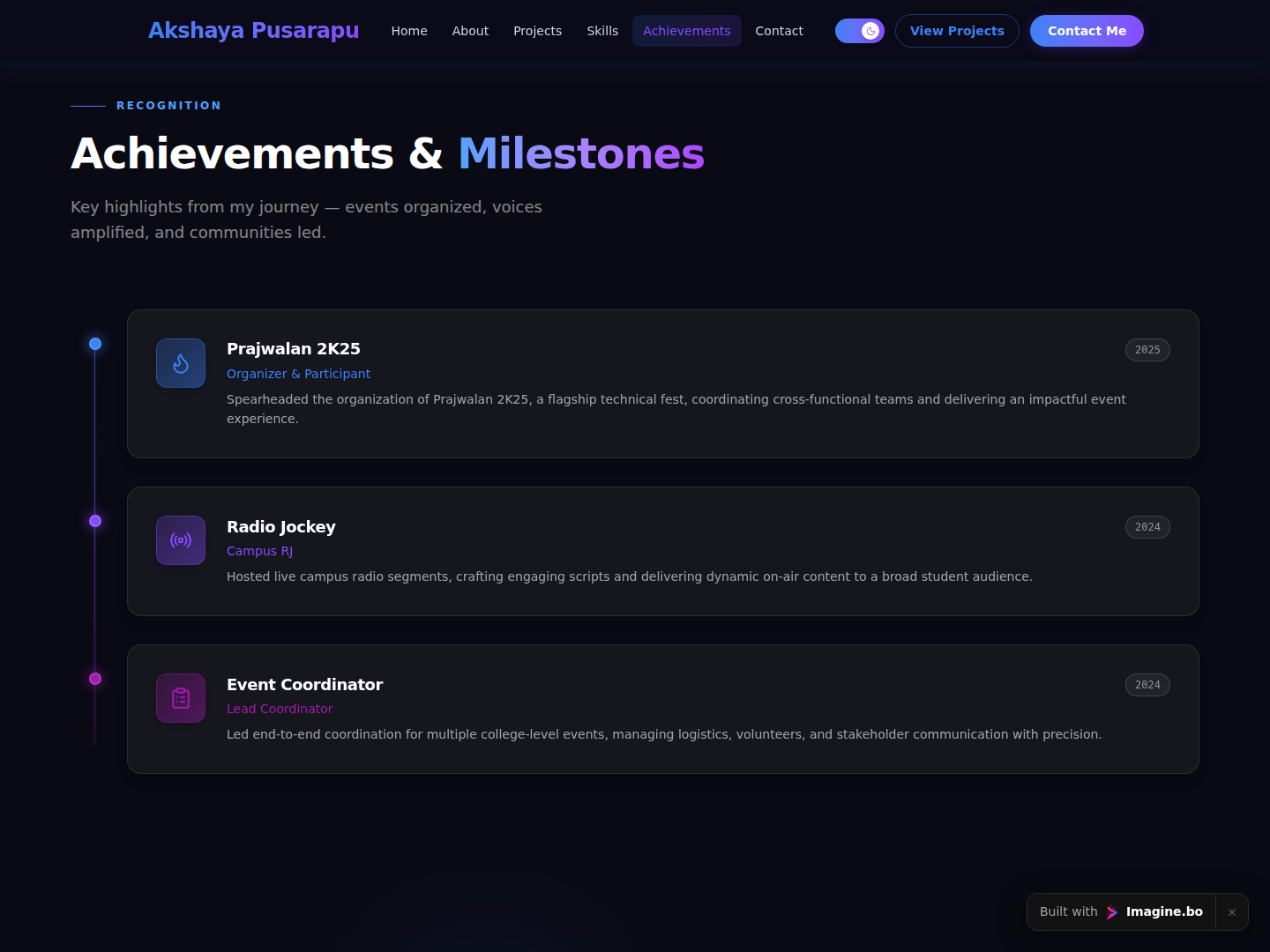 Achievements section featuring extracurricular leadership and recognition within a modern imagine.bo-built portfolio experience