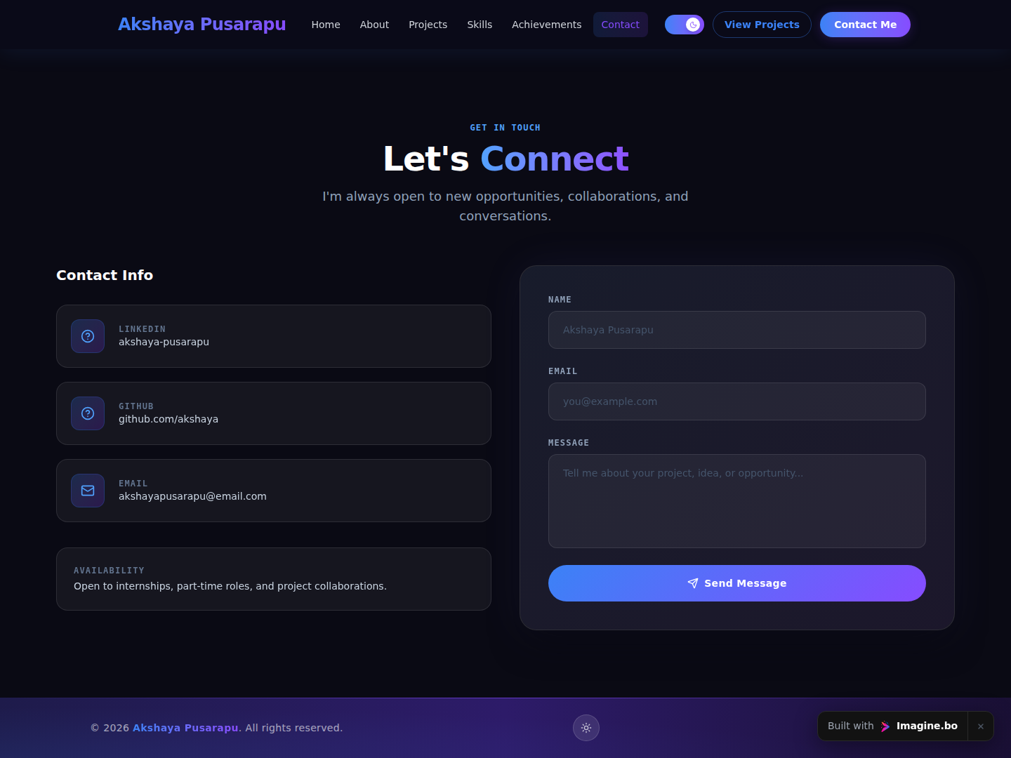 Contact section with form and professional outreach options presented in a refined imagine.bo portfolio website design