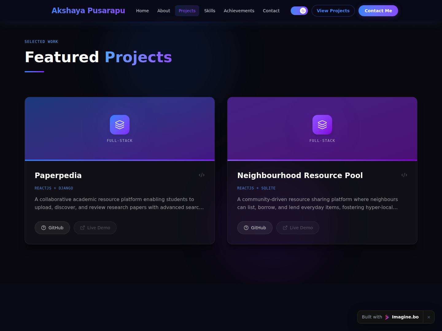Featured projects area highlighting technical builds and portfolio storytelling in an imagine.bo-generated personal website