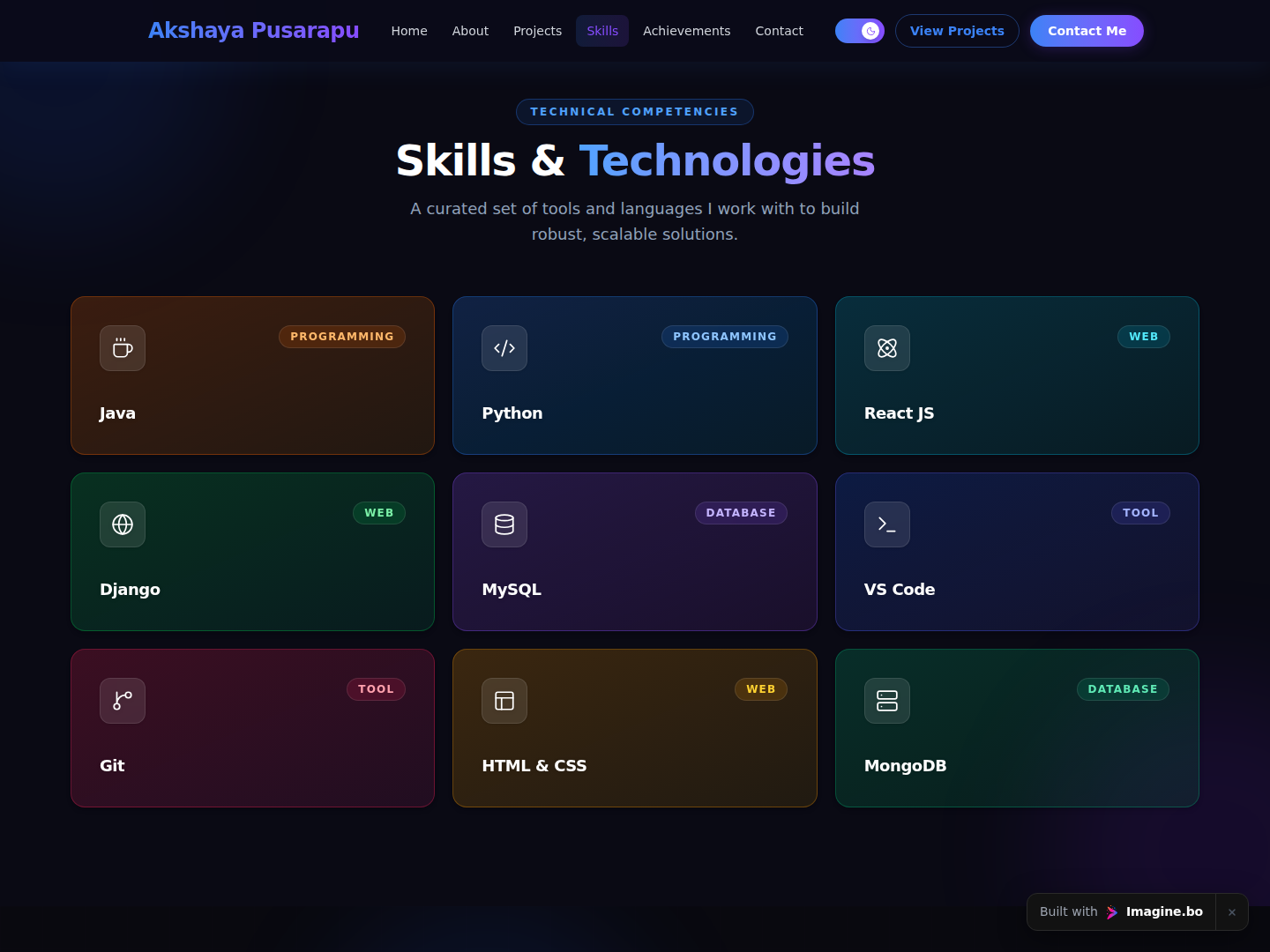 Skills section displaying programming languages, web technologies, databases, and tools inside a clean imagine.bo portfolio layout