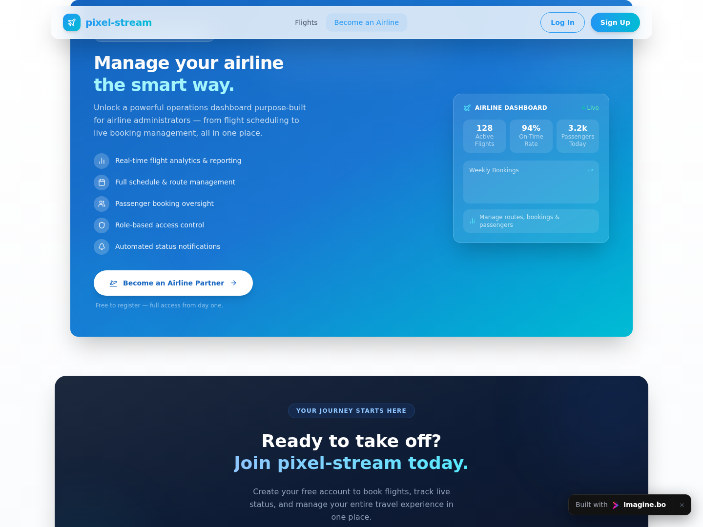 Airline partner onboarding panel inviting operators to join the platform, presented in an imagine.bo-built dashboard style