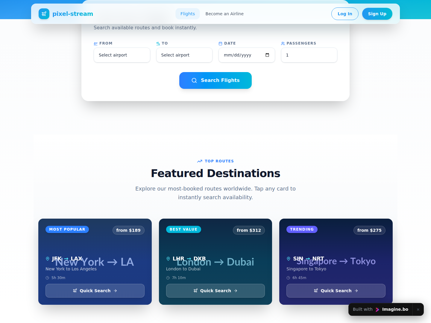 Flight browsing interface showing route cards and travel-focused visuals generated for SkyPort with imagine.bo