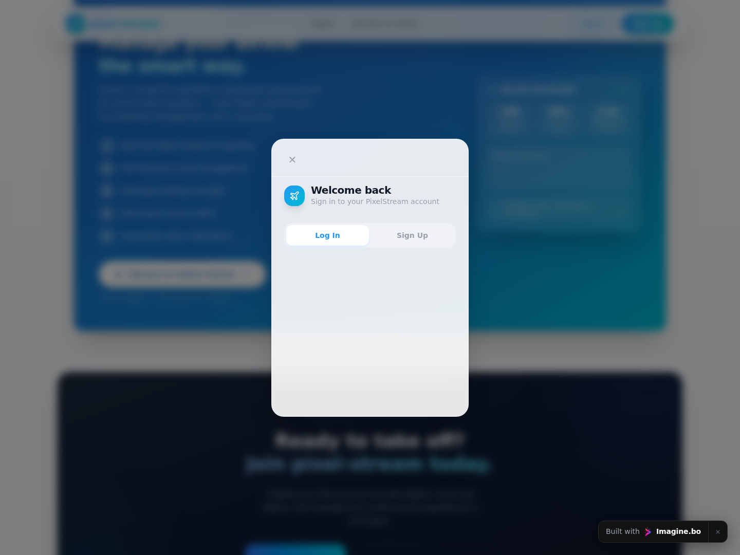 Airline management section showing admin-focused messaging and operational controls within the imagine.bo website experience