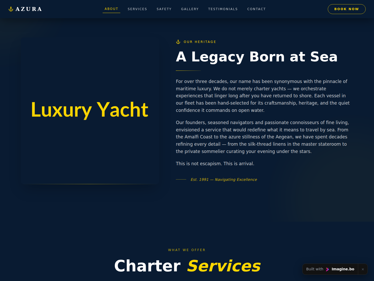 About section of the Azure Crest yacht website in imagine.bo showing cinematic luxury imagery, dark premium styling, and brand story presentation