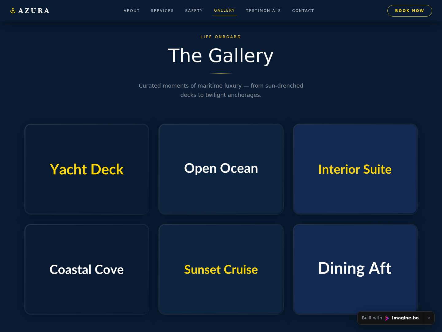 Immersive yacht image gallery page section featuring luxury ocean photography and polished presentation built in imagine.bo