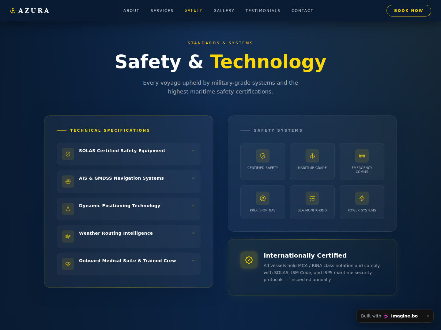 Safety and onboard technology section displaying sleek yacht instrumentation visuals and premium trust messaging created with imagine.bo
