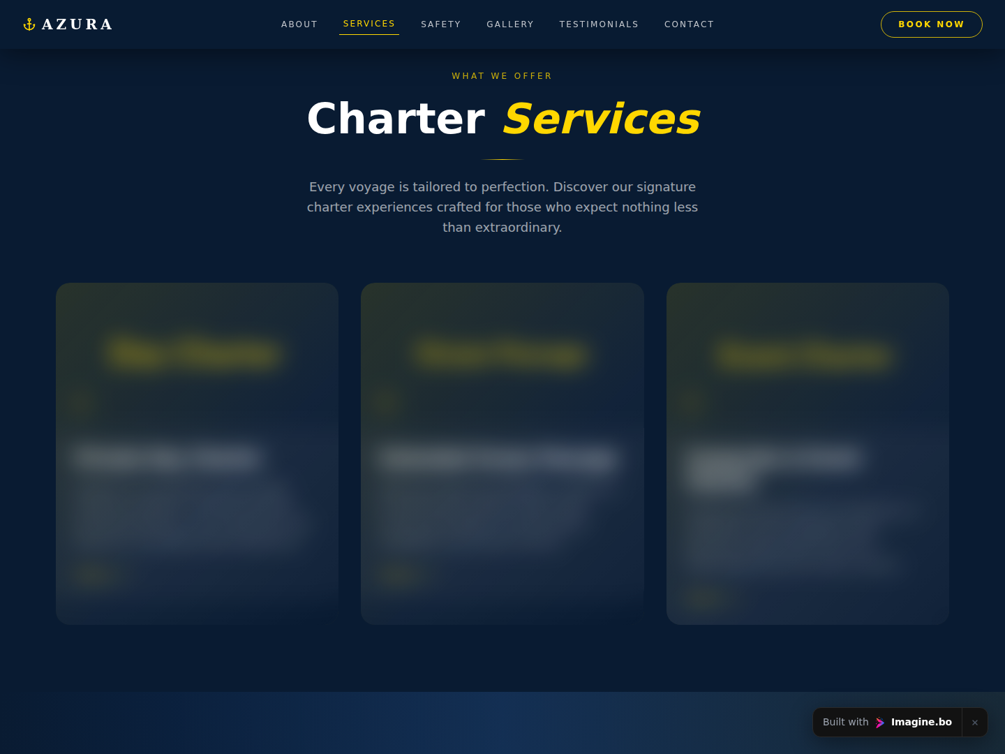 Luxury charter services section with premium experience cards and polished layout generated for a yacht brand using imagine.bo