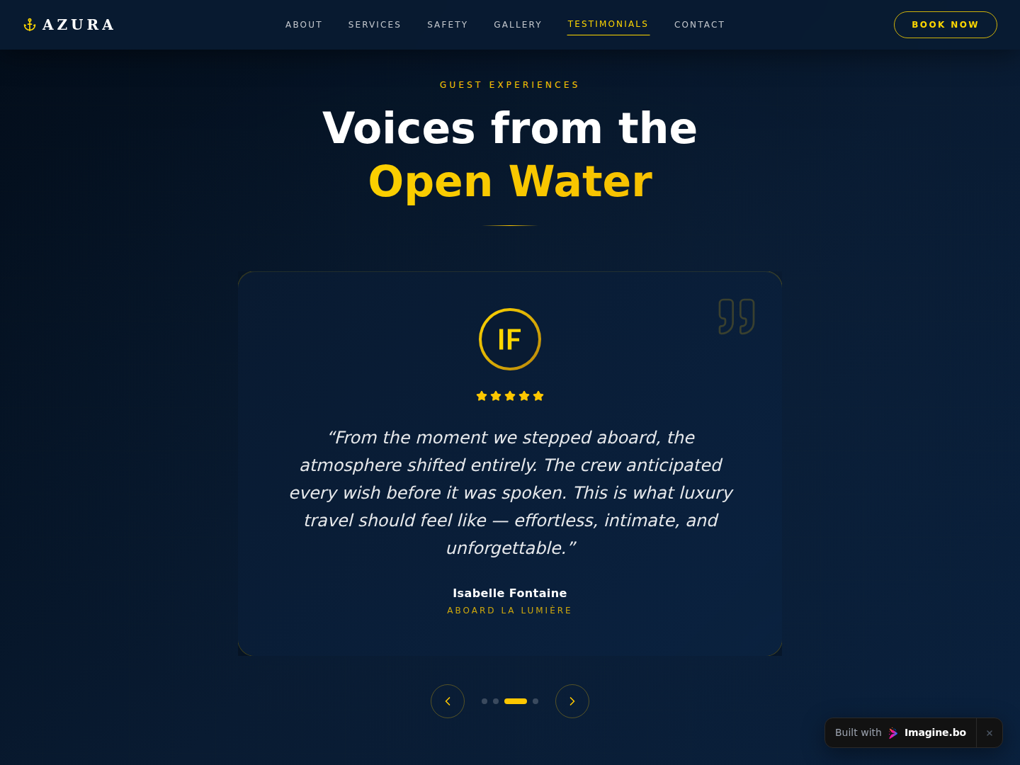 Testimonials section with elegant dark ocean-themed background, customer trust content, and polished imagine.bo luxury website styling