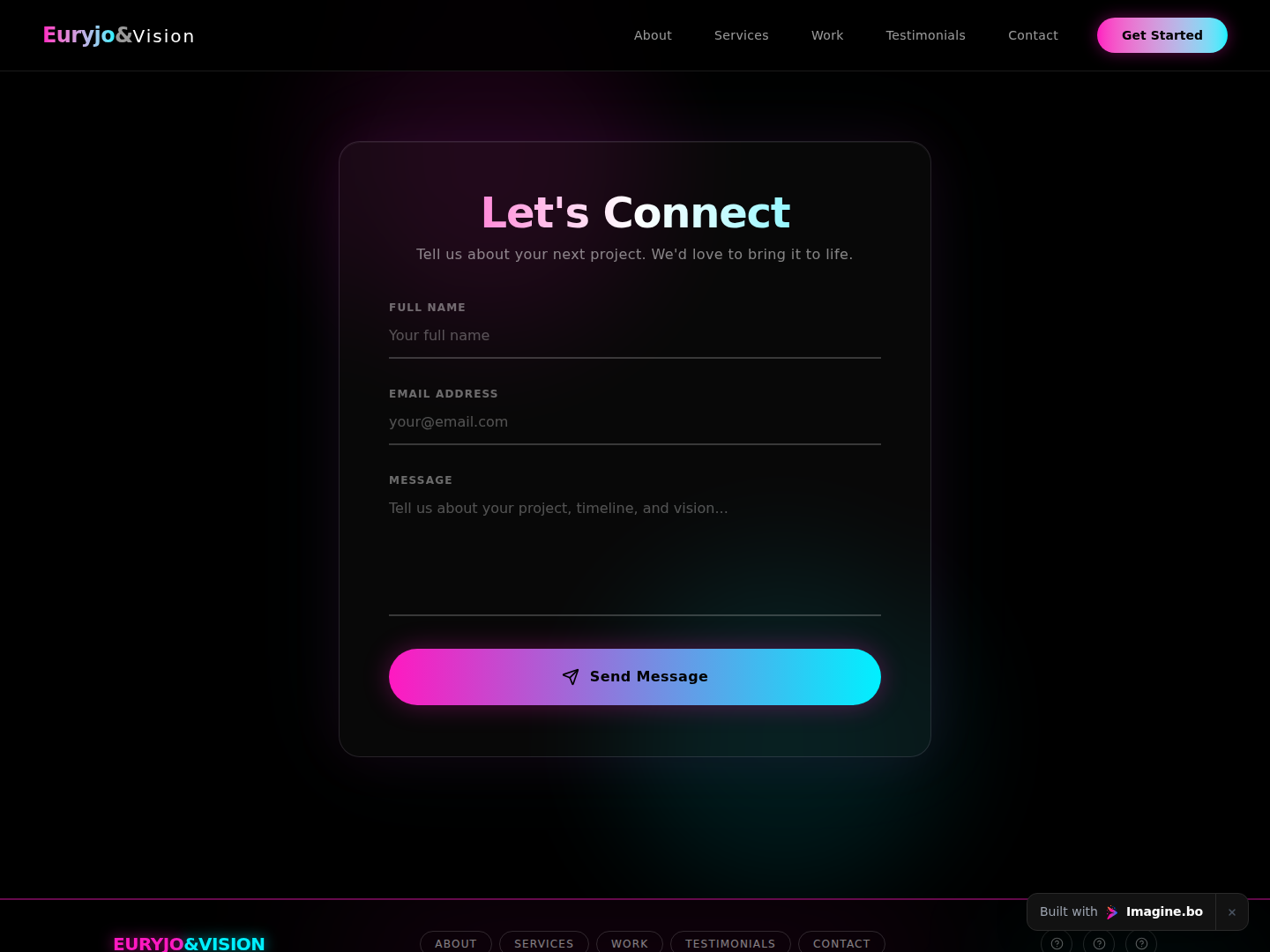 Contact section with form fields and bold call to action on a polished imagine.bo creative portfolio website