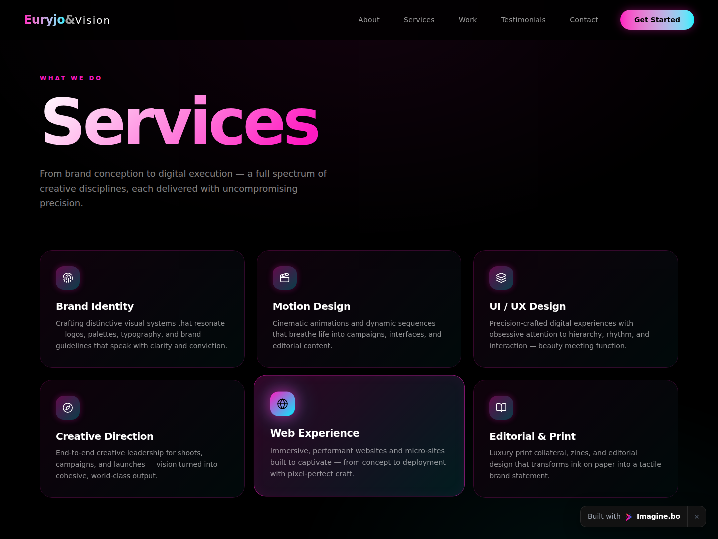 Services section with glowing cards and dark glass styling for a creative studio website generated with imagine.bo
