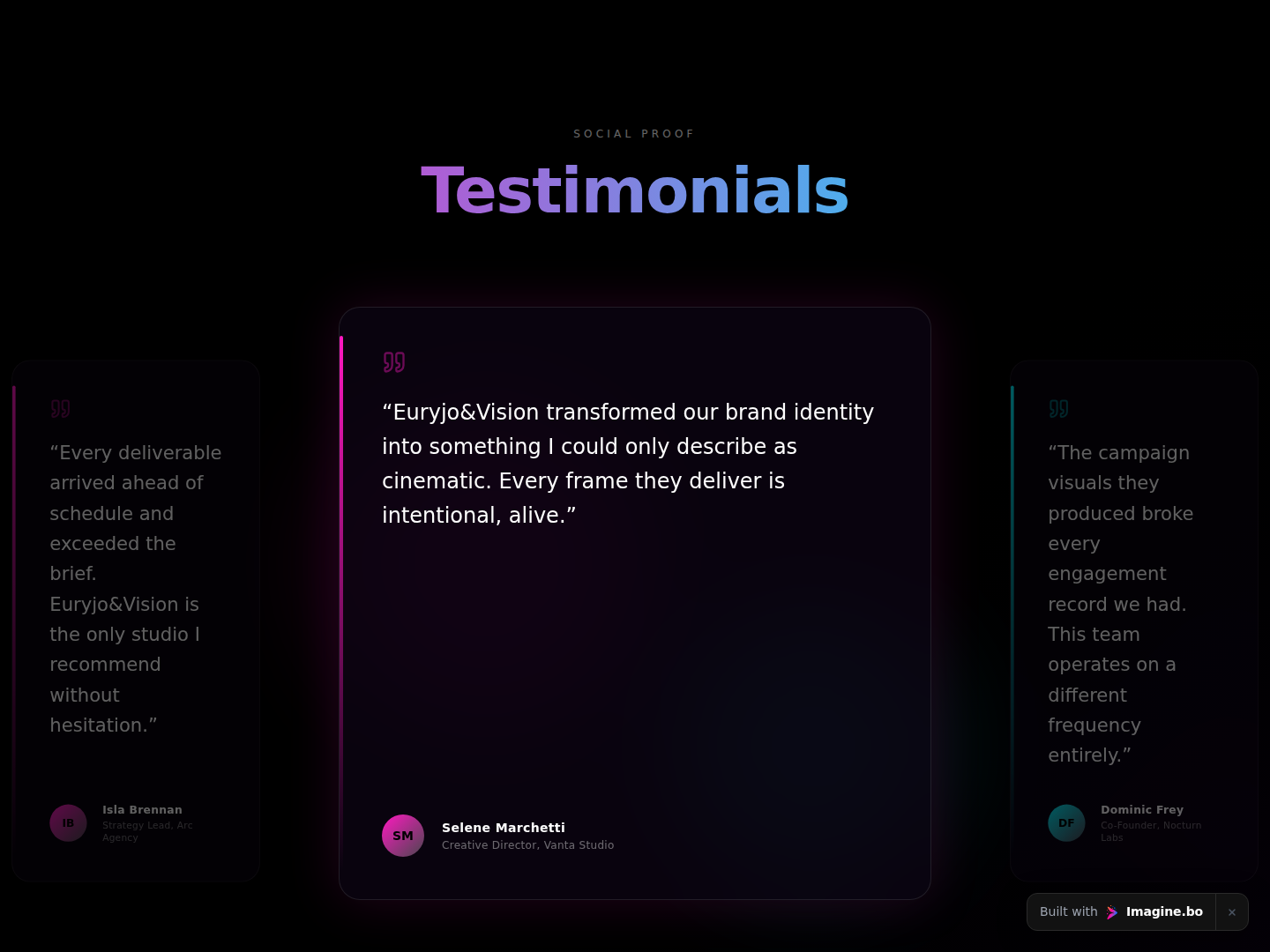 Testimonials carousel featuring client praise in a cinematic black and magenta interface created with imagine.bo