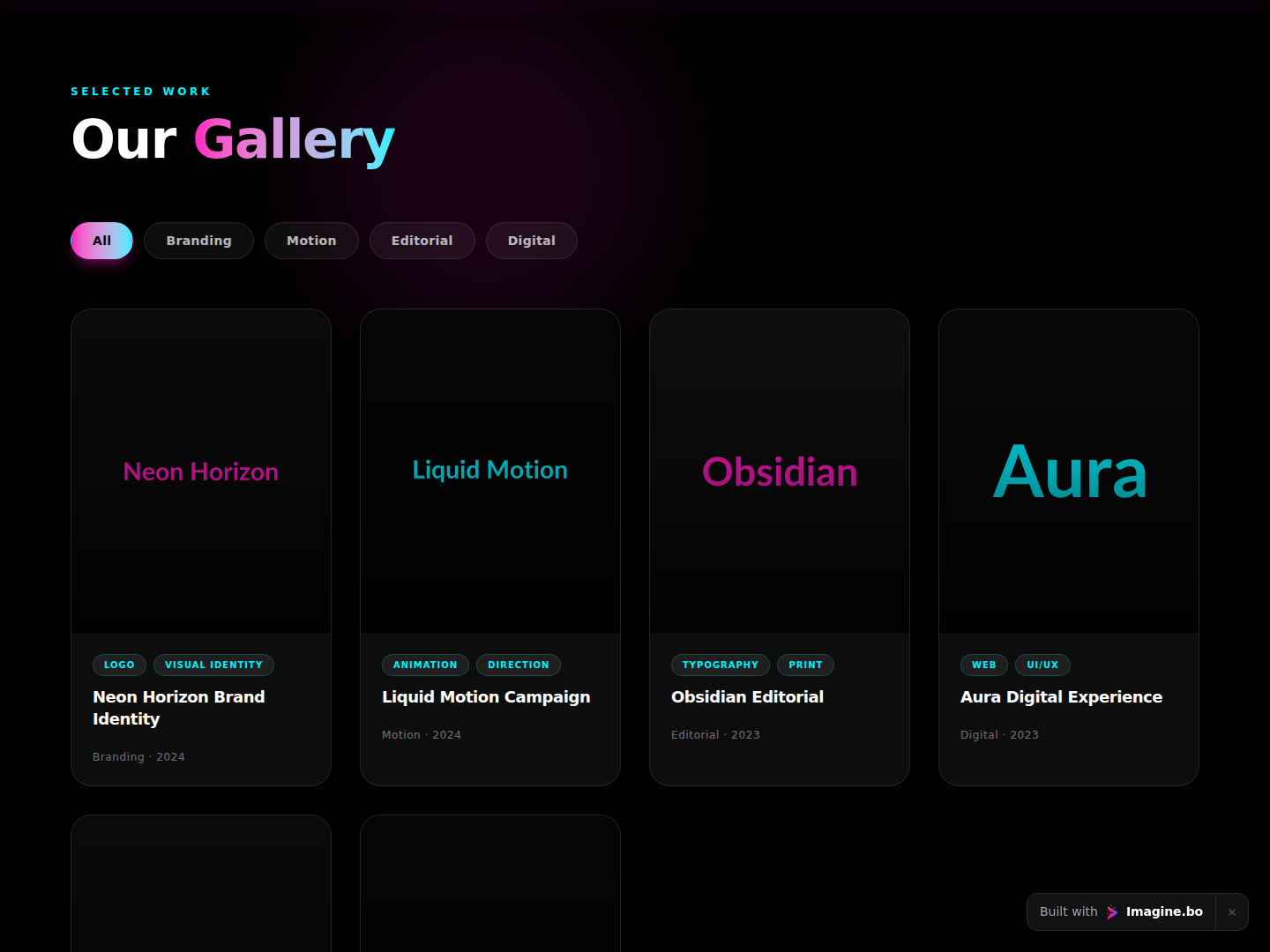 Portfolio work gallery with filtered project thumbnails and neon-accented dark visuals on an imagine.bo-built design studio site