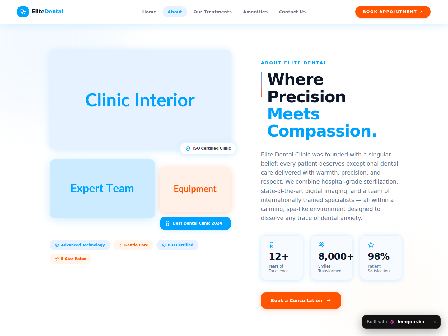 About section of SmileFlow showing a clean dental brand story with collage imagery and polished layout built on imagine.bo