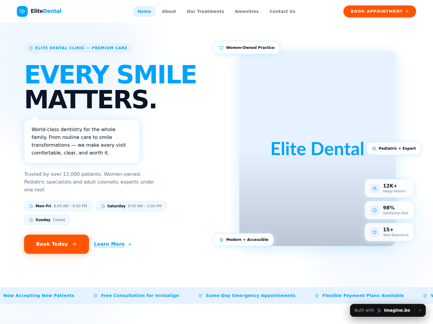 Homepage hero for SmileFlow with bold headline, bright call to action, dental imagery, and quick trust indicators created through imagine.bo