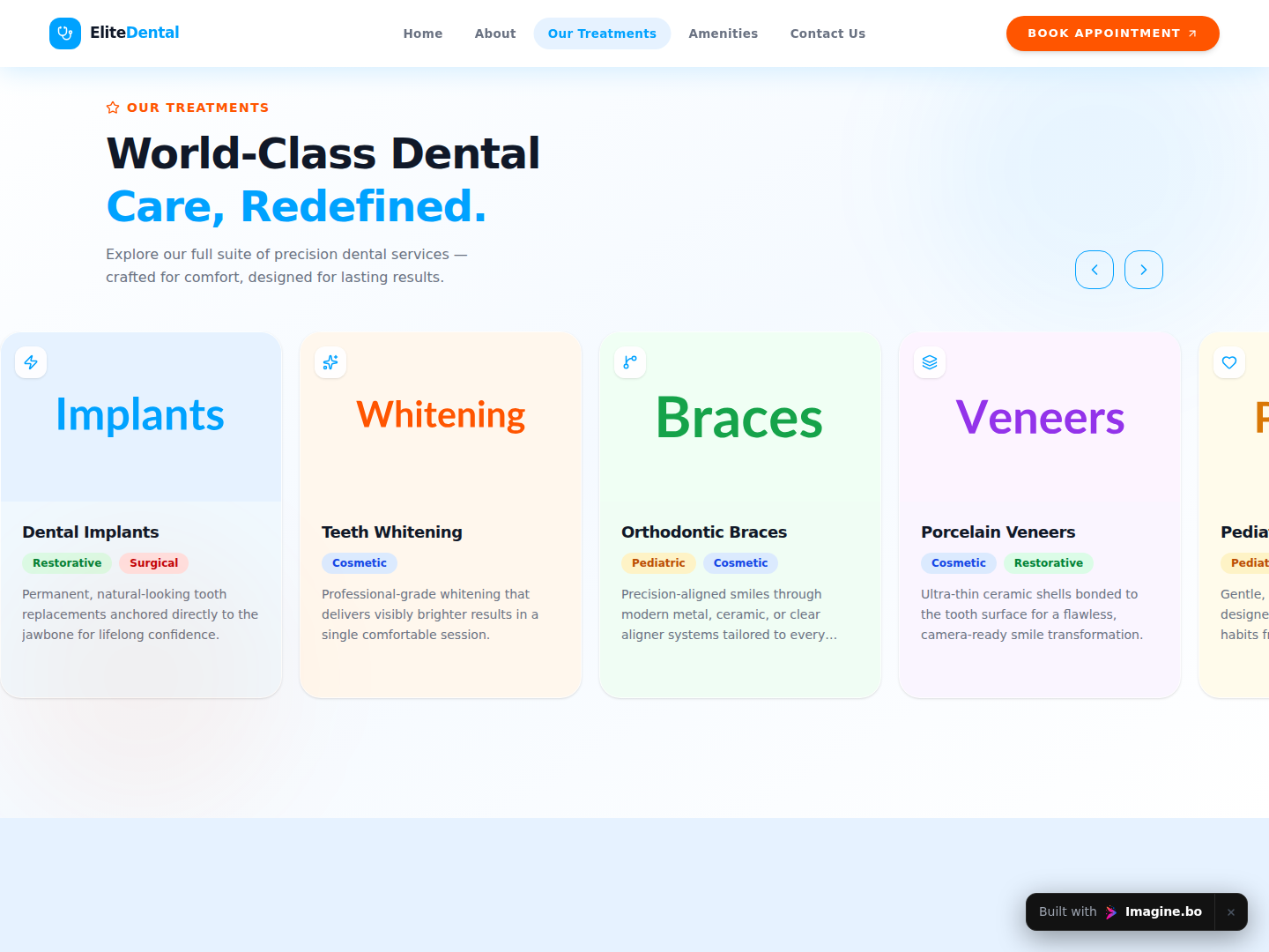 SmileFlow treatments area featuring colorful service cards for braces, aligners, dentures, and pediatric care in a horizontally arranged section