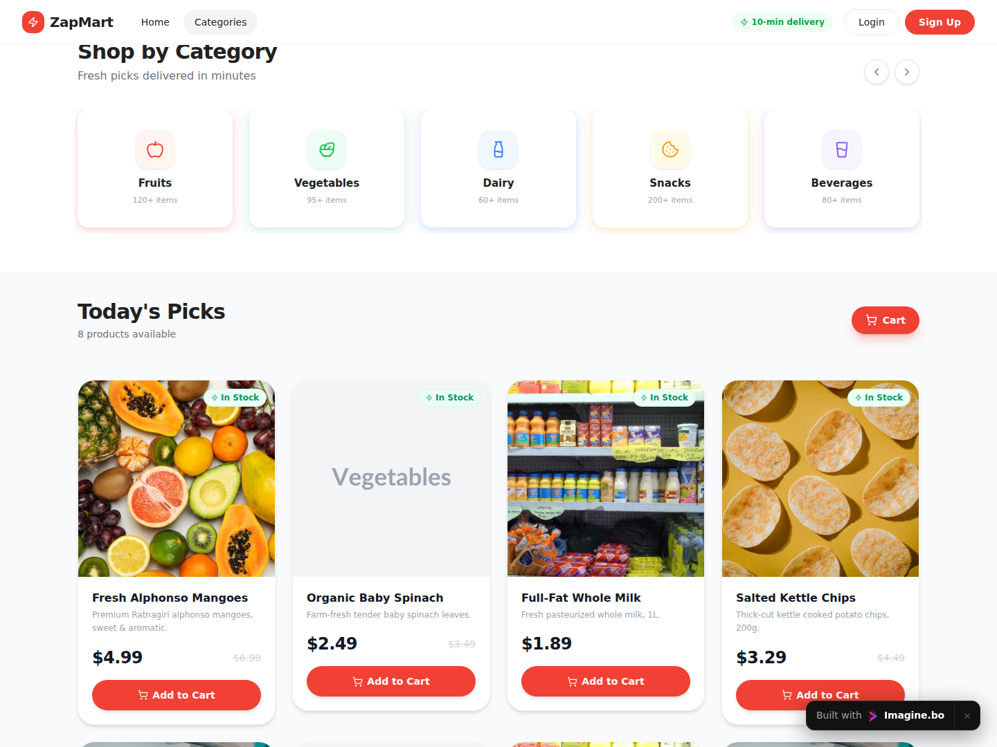 Category-focused grocery delivery interface generated with imagine.bo showing a bold purple theme, search-led layout, and fast product discovery flow
