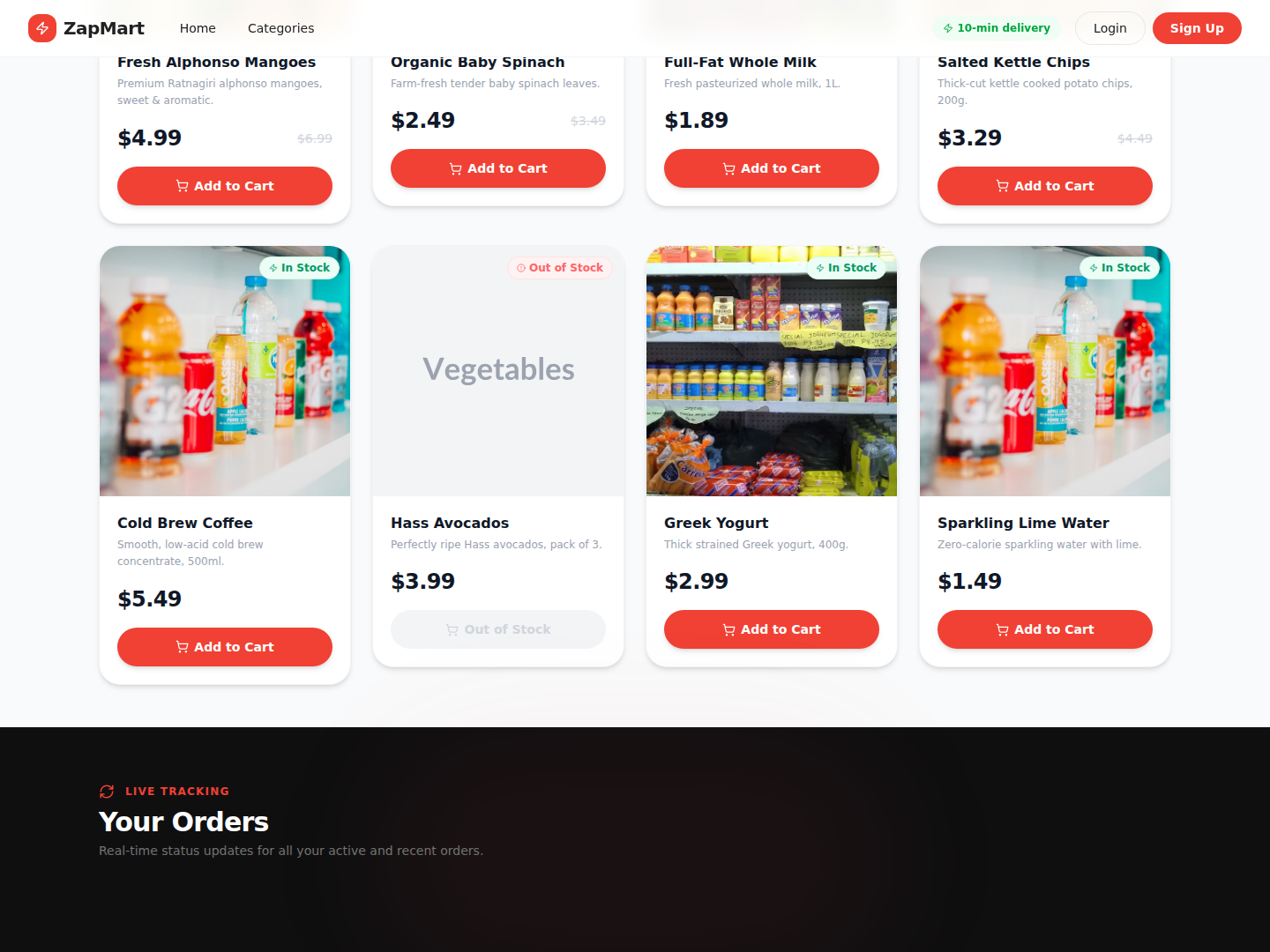 Featured fresh Alphonso mango product card on the SwiftCart site made with imagine.bo, highlighting pricing, imagery, and quick-add shopping design