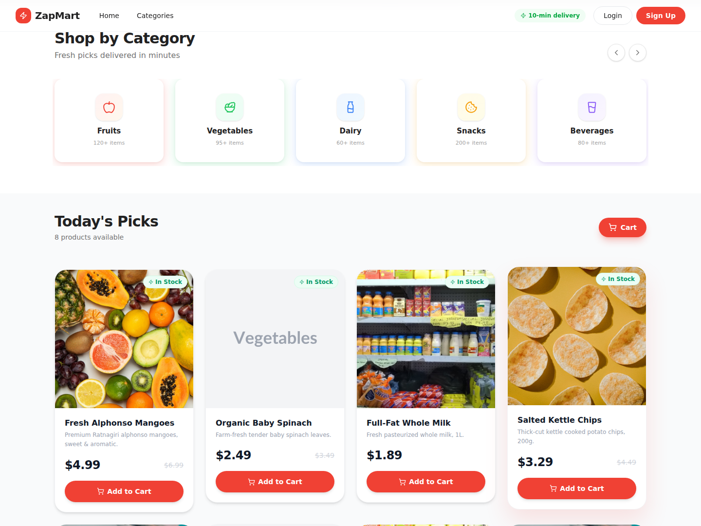 Shop by category section on the SwiftCart grocery site built with imagine.bo, displaying colorful category cards for rapid browsing on mobile-first design