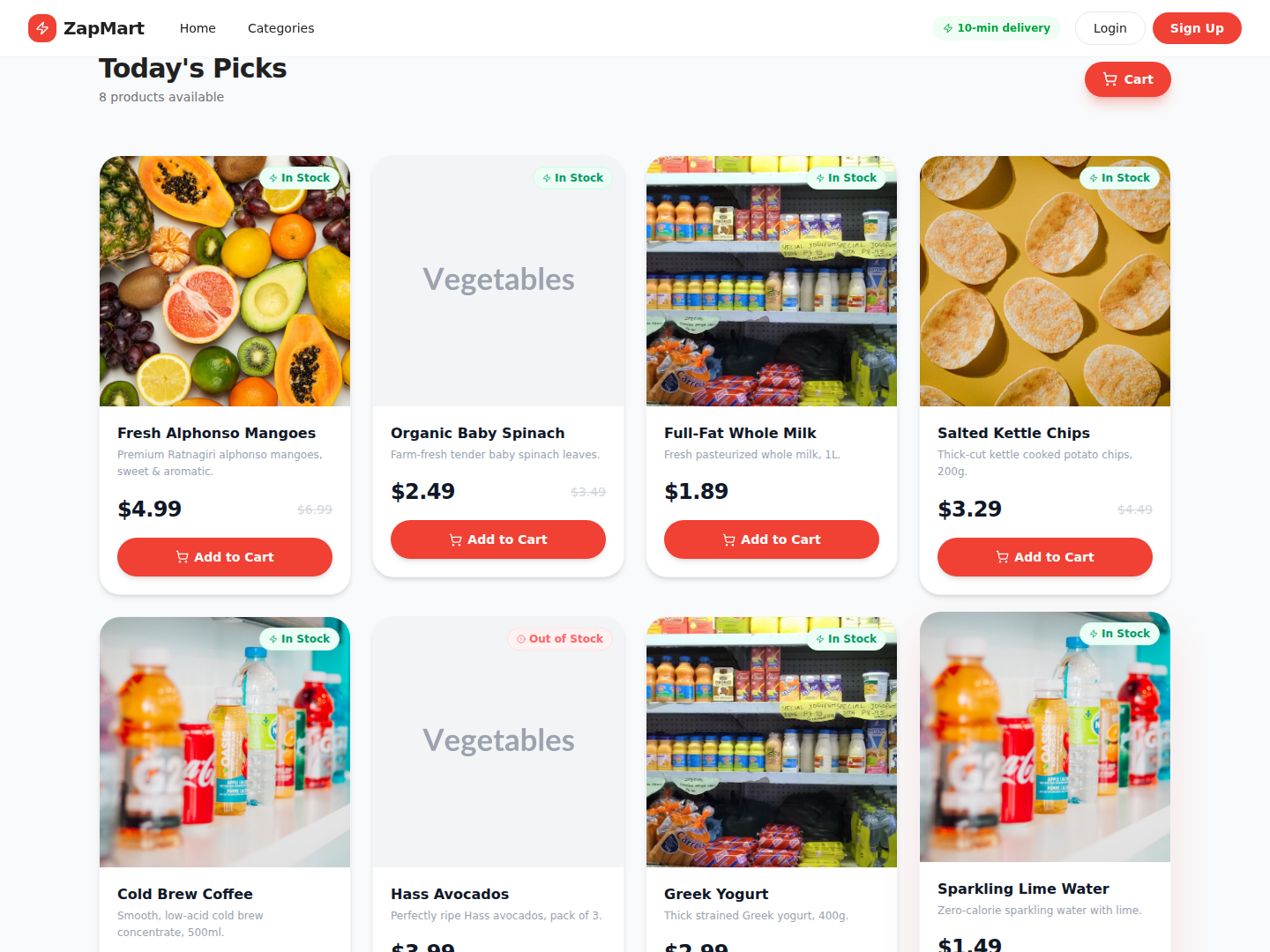 Today’s picks product grid from an imagine.bo grocery delivery build featuring highlighted items, prices, and shopping-oriented visual hierarchy