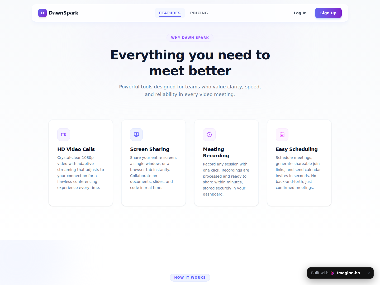 Feature showcase section of the Meetora website built on imagine.bo highlighting video meeting benefits and polished SaaS presentation