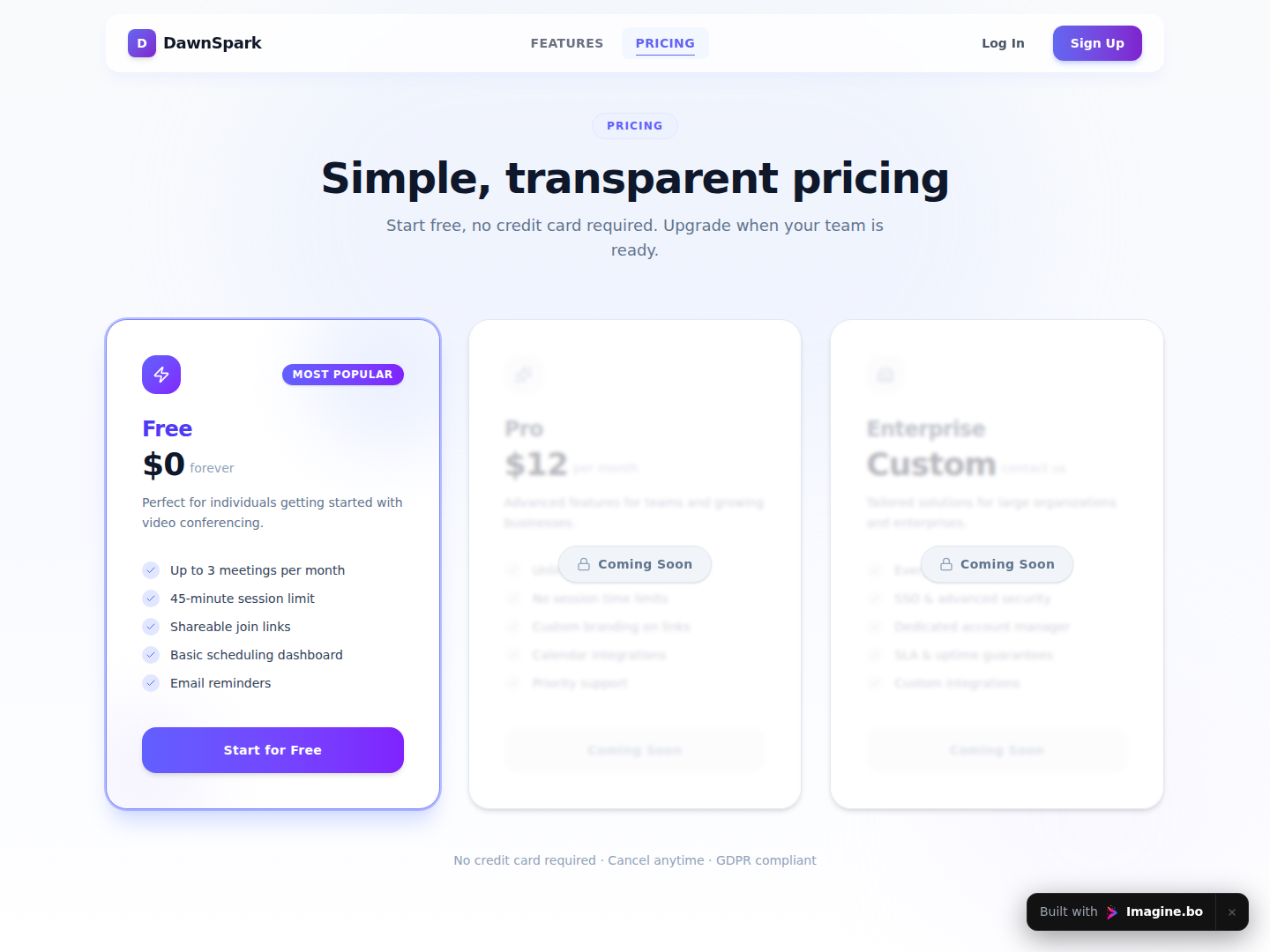 Pricing plans layout for the Meetora video conferencing platform showing clear SaaS package comparison created with imagine.bo