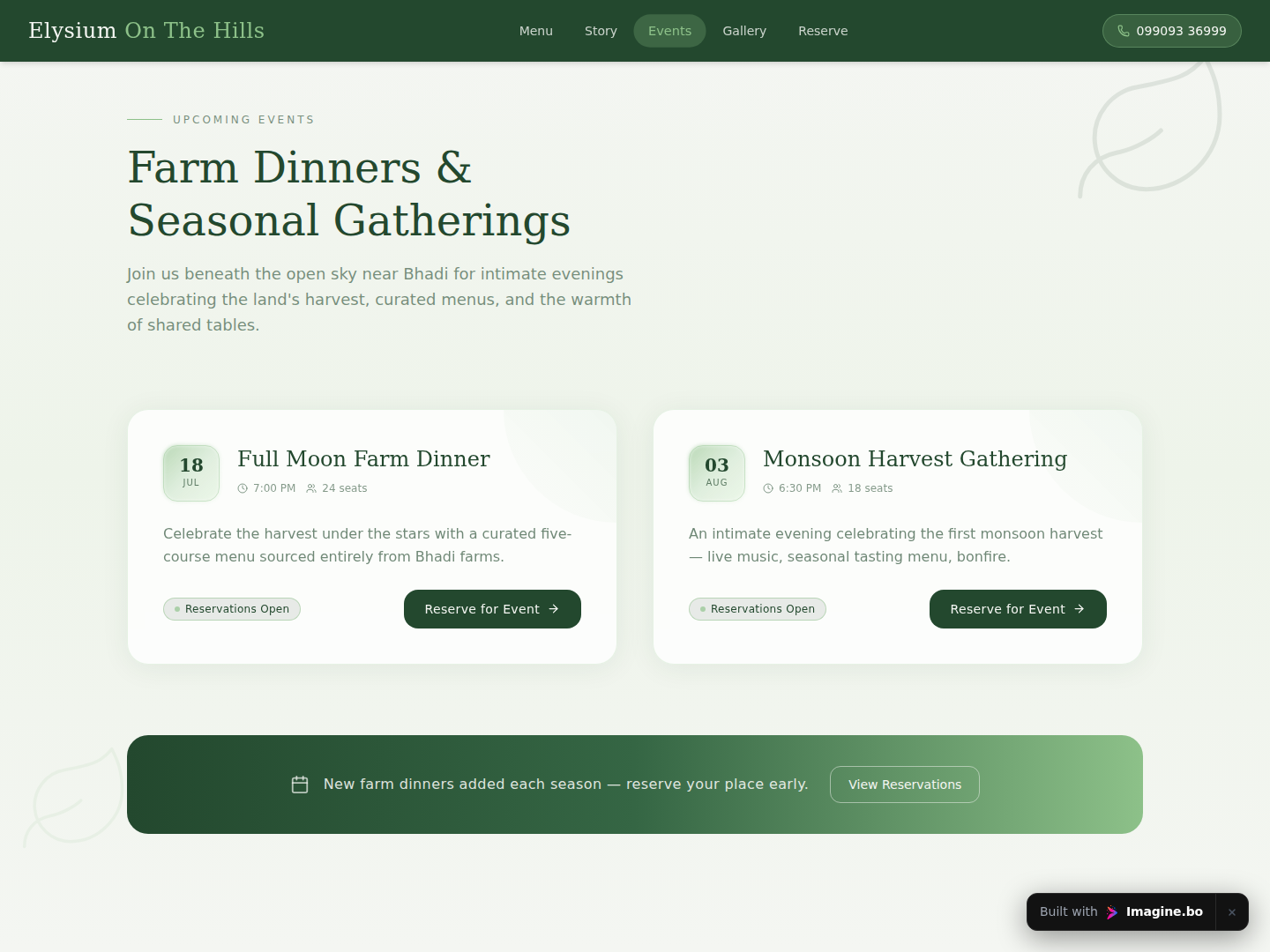 Upcoming farm dinner events displayed in a card layout with organic styling on a restaurant site generated through imagine.bo