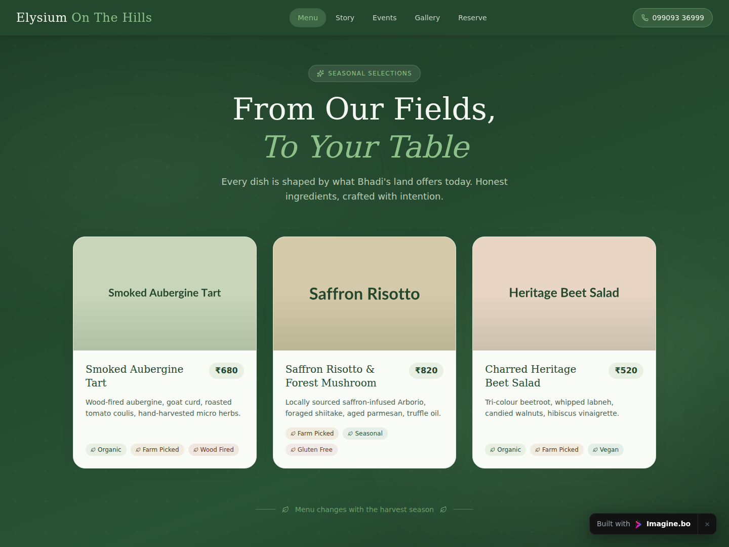 Seasonal menu section showing farm-sourced dishes and ingredient tags on a botanical restaurant page made with imagine.bo
