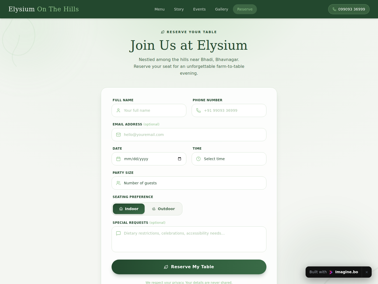 Table reservation form with indoor and outdoor seating selection on a farm-to-table landing page created in imagine.bo