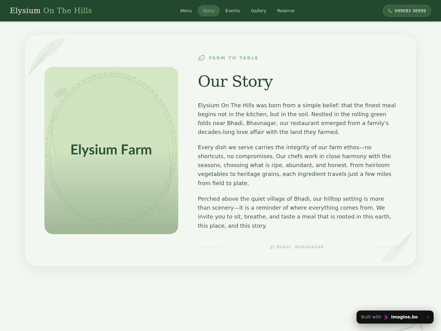 Farm origin story area with warm photography and earthy watercolor styling on the imagine.bo-built restaurant homepage